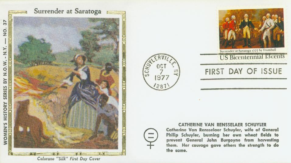 U.S. #1728 FDC – Silk First Day Cover pictures Catherine Van Rensselaer Schuyler burning her crops to prevent them from being harvested by the British.