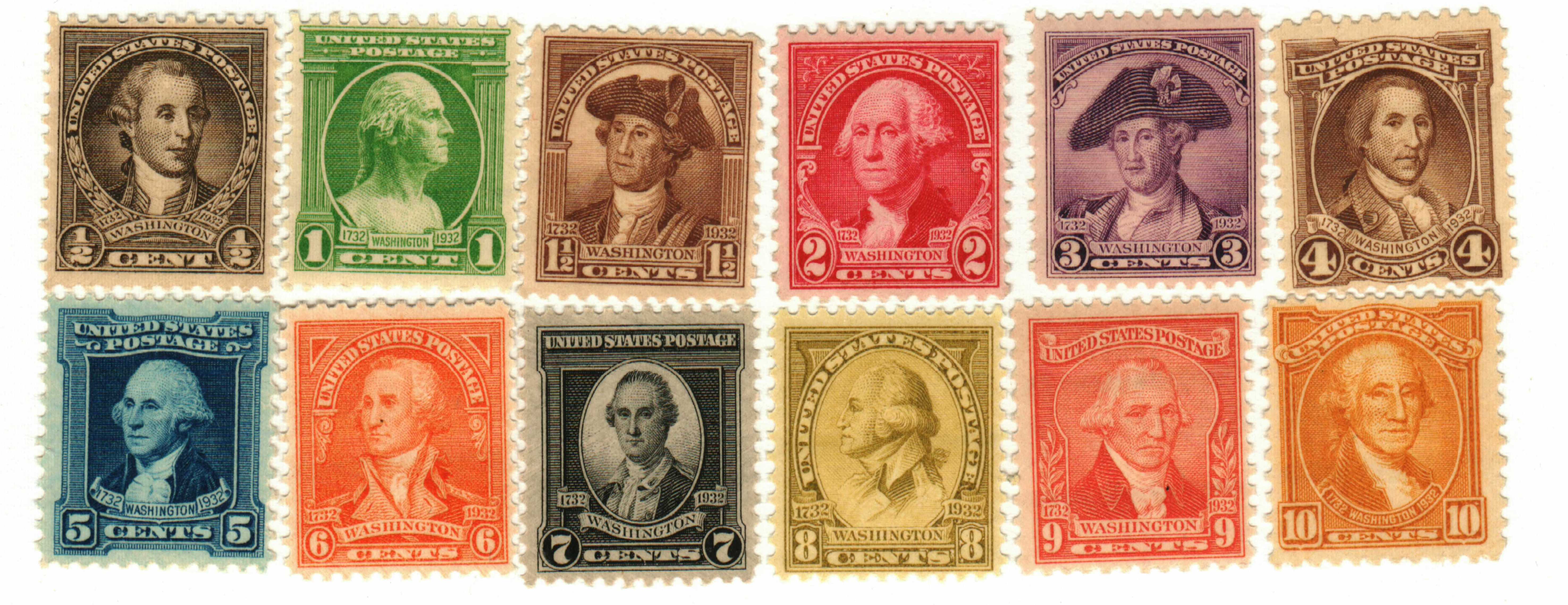 704-15 - 1932 Washington Bicentennials, set of 12 stamps - Mystic