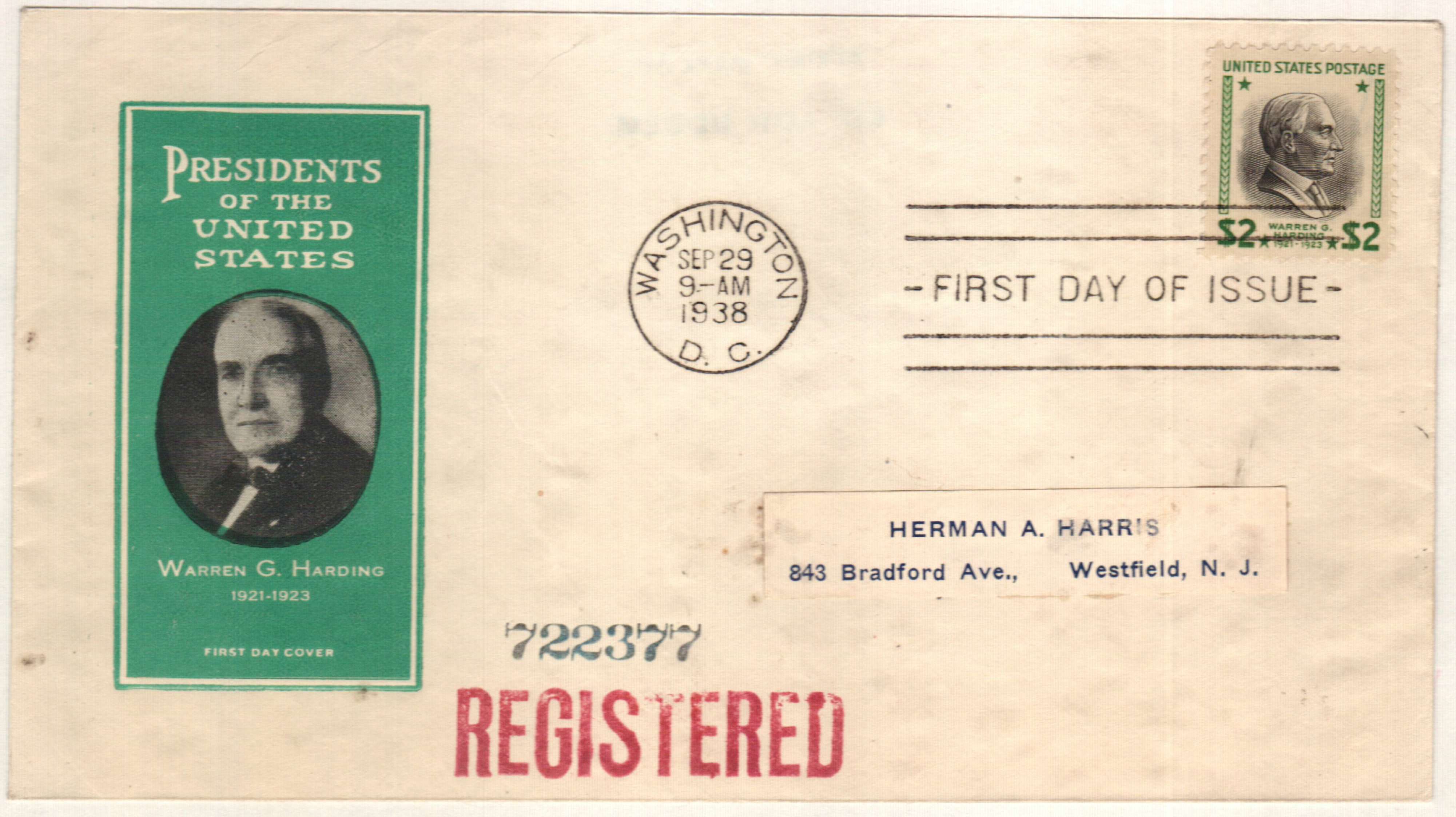 1938 $2 Harding Classic First Day Cover