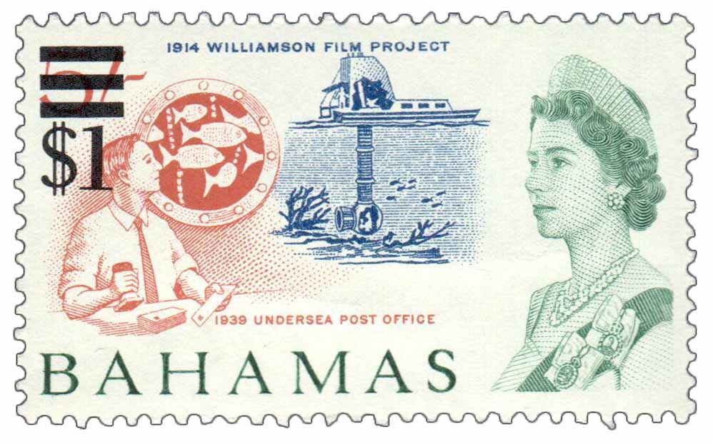 1966 Bahamas surcharged Williamson film project and undersea post office stamp