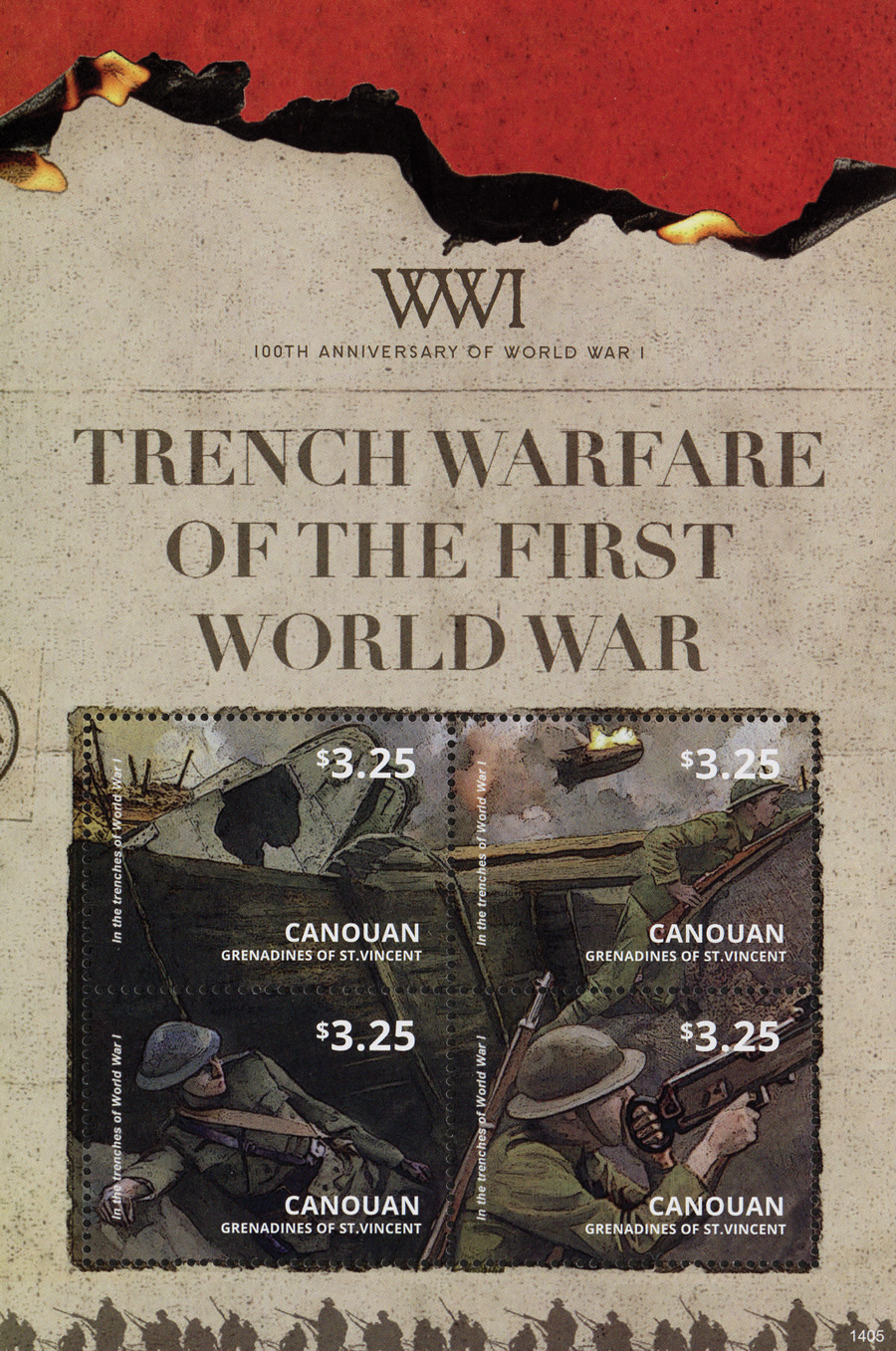 2014 $3.25 WWI 100th Anniversary - Trench Warfare, Mint Sheet of 4 Stamps