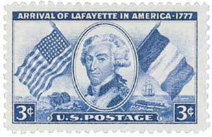 U.S. #1010 commemorates the 175th anniversary of the arrival of Marquis de Lafayette in America.