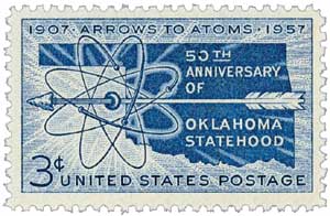 U.S. #1092 – “Arrows to Atoms” reflects Oklahoma’s evolution from the frontier days to the atomic age.
