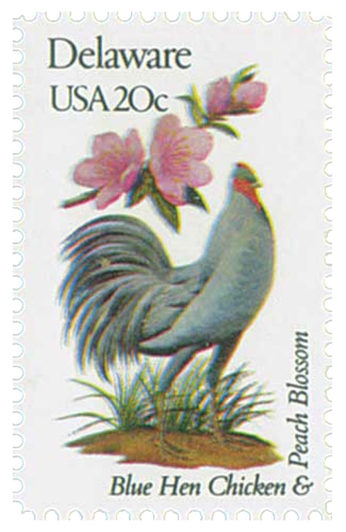 U.S. #1960 – Delaware’s state bird and flower – the blue hen chicken and peach blossom.