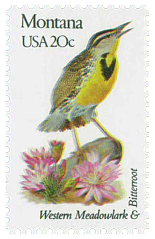 U.S. #1978 pictures the state bird and flower – the Western Meadowlark and Bitterroot.