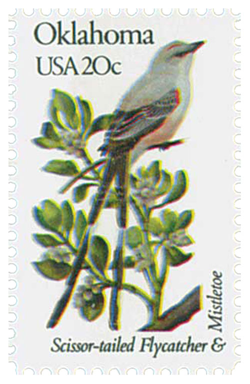 U.S. #1988 – Oklahoma’s state bird and flower – Scissor-Tailed Flycatcher and Mistletoe.