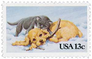 1982 13Â¢ Kitten and Puppy stamp