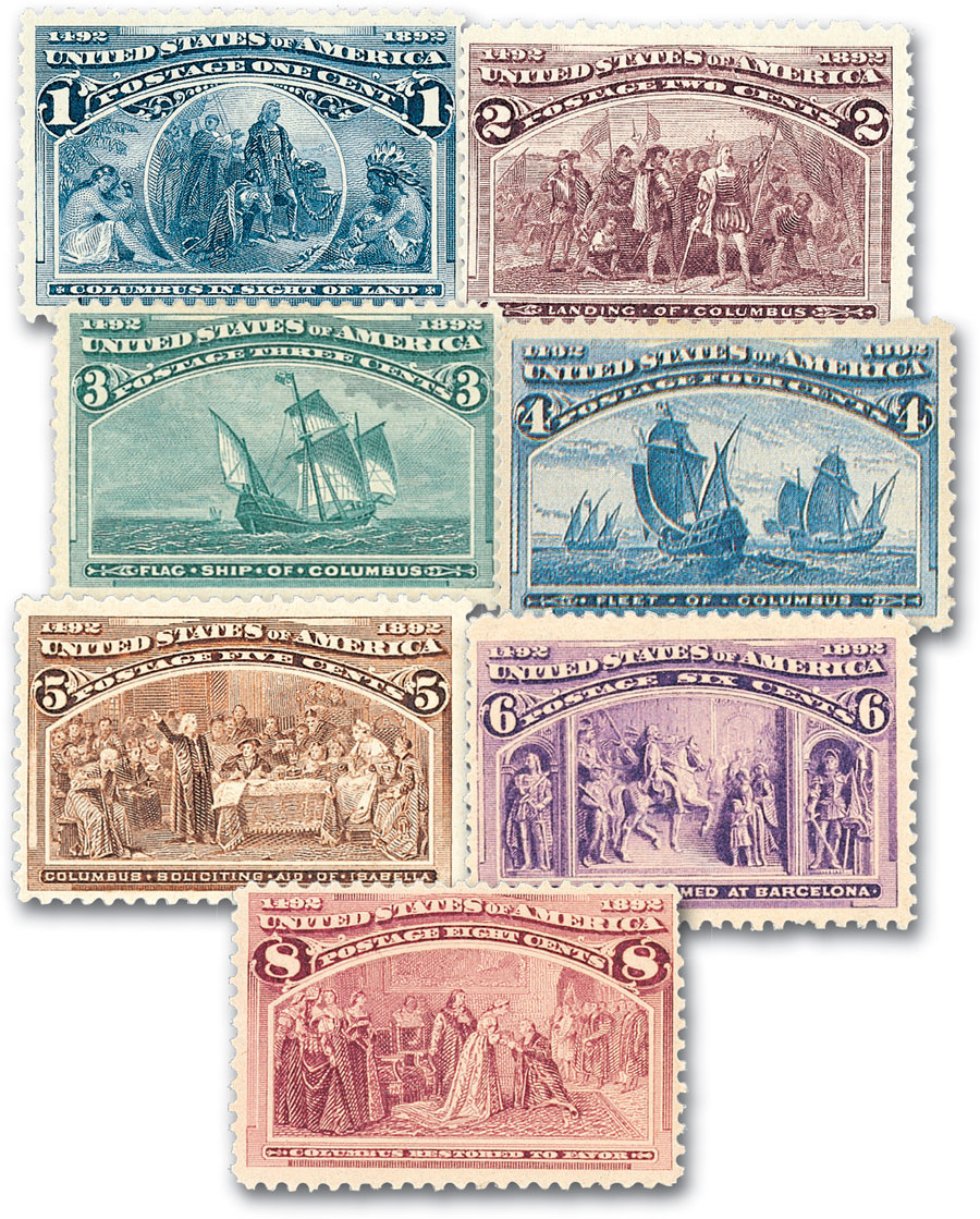 1893 1c-8¢ US Columbians, 7 Stamps with small imperfections