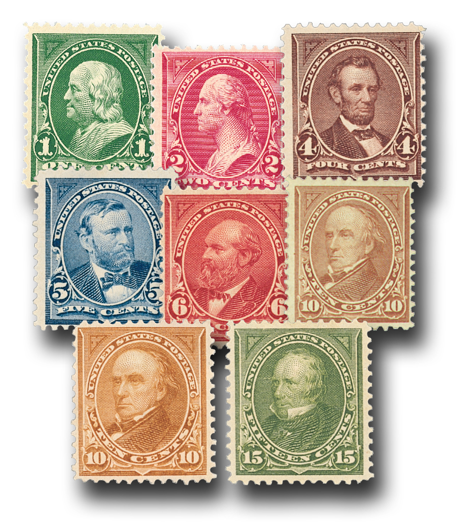 U.S. #279-84 were issued in 1898 to meet the new stamp color standards set by the U.P.U.