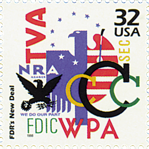U.S. #3185e shows the logos of several New Deal organizations.