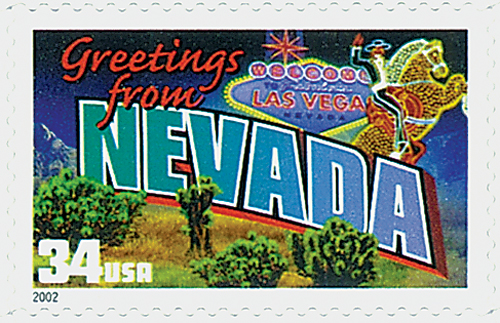 U.S. #3588 contrasts Nevada’s desert plants and hills against the famed neon cowboy in Las Vegas.