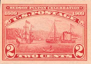 U.S. #373 â€“ Carnegie helped organize the Hudson-Fulton Celebration, for which this stamp was issued.