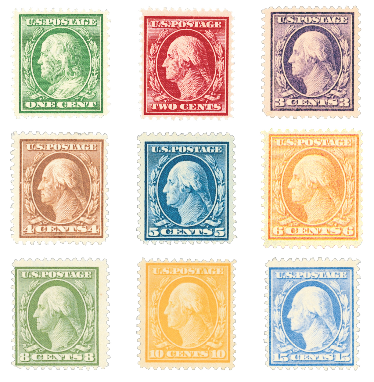 U.S. #374-82 – Many of the covers from Ovington’s flight were Washington-Franklins