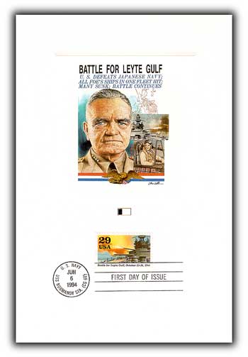 Item #4902610 – Leyte Gulf proof card picturing Admiral William Halsey, who commanded the Third Fleet there.