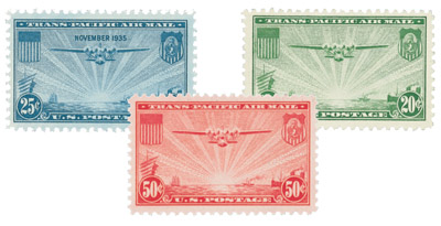 U.S. #C20-22 â€“ Complete set of three China Clipper Airmail stamps.