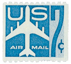 1958 7Â¢ Silhouette of Jet Airliner coil in blue