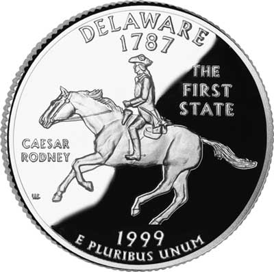 Item #CNDE25D – The Delaware quarter pictures Caesar Rodney, who rode his horse overnight to cast the deciding vote for the Declaration of Independence. 