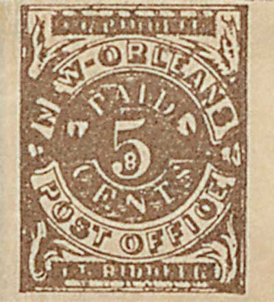 1861 5c Postmasters' Provisional of New Orleans, LA, brown