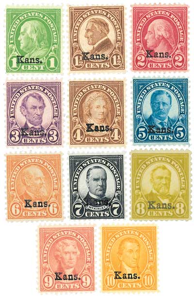 M11389 - 1929 Kansas Overprints, set of 11 stamps and free album page -  Mystic Stamp Company