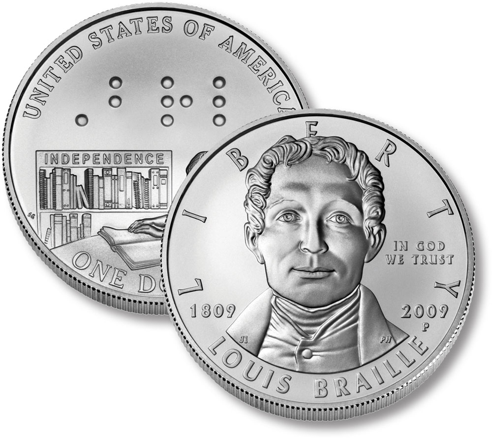 2009 Louis Braille Bicentennial Silver Dollar, Uncirculated