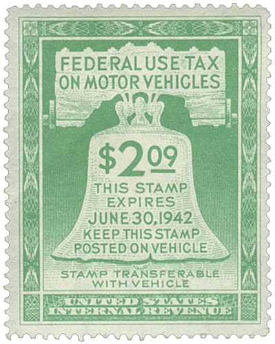 1942 $2.09 Motor Vehicle Use Tax, light green (gum on back)
