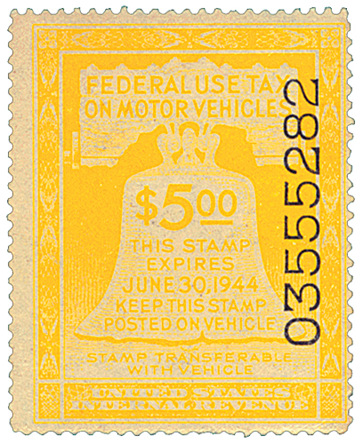1943 $5 Motor Vehicle Use Tax, yellow (gum & control no. on face, incriptions on back)