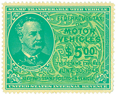 1945 $5 Motor Vehicle Use Tax, bright blue green & yellow green (gum on face, control no. & incriptions on back)