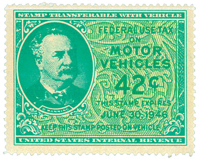 1946 42c Motor Vehicle Use Tax, bright blue green & yellow green (gum on face, control no. & incriptions on back)