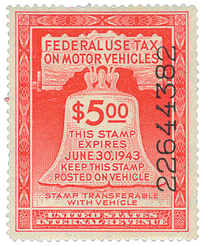 1942 $5 Motor Vehicle Use Tax, rose red (gum & control no. on face, incriptions on back)