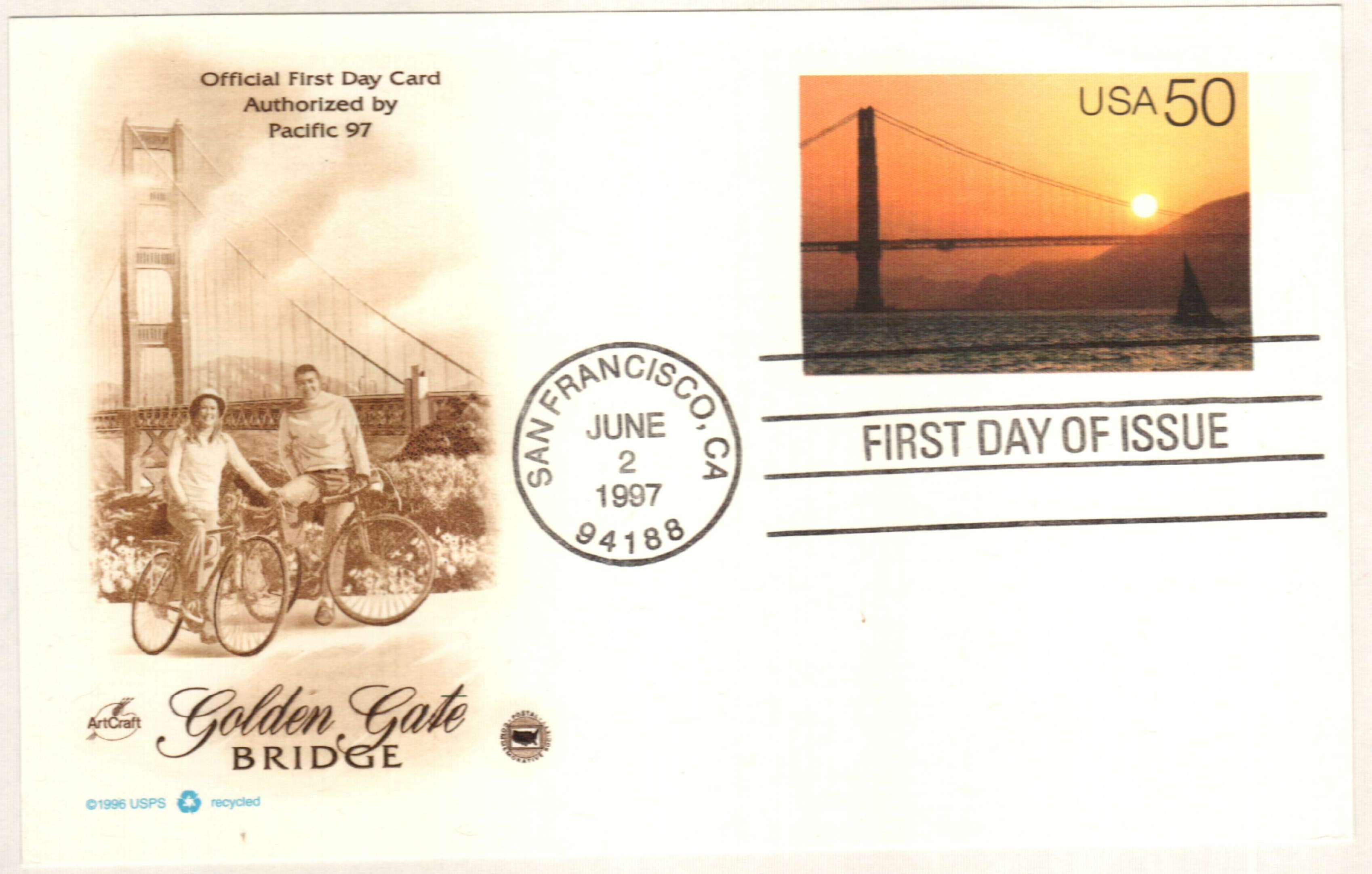 Golden Gate Bridge at sunset postal card