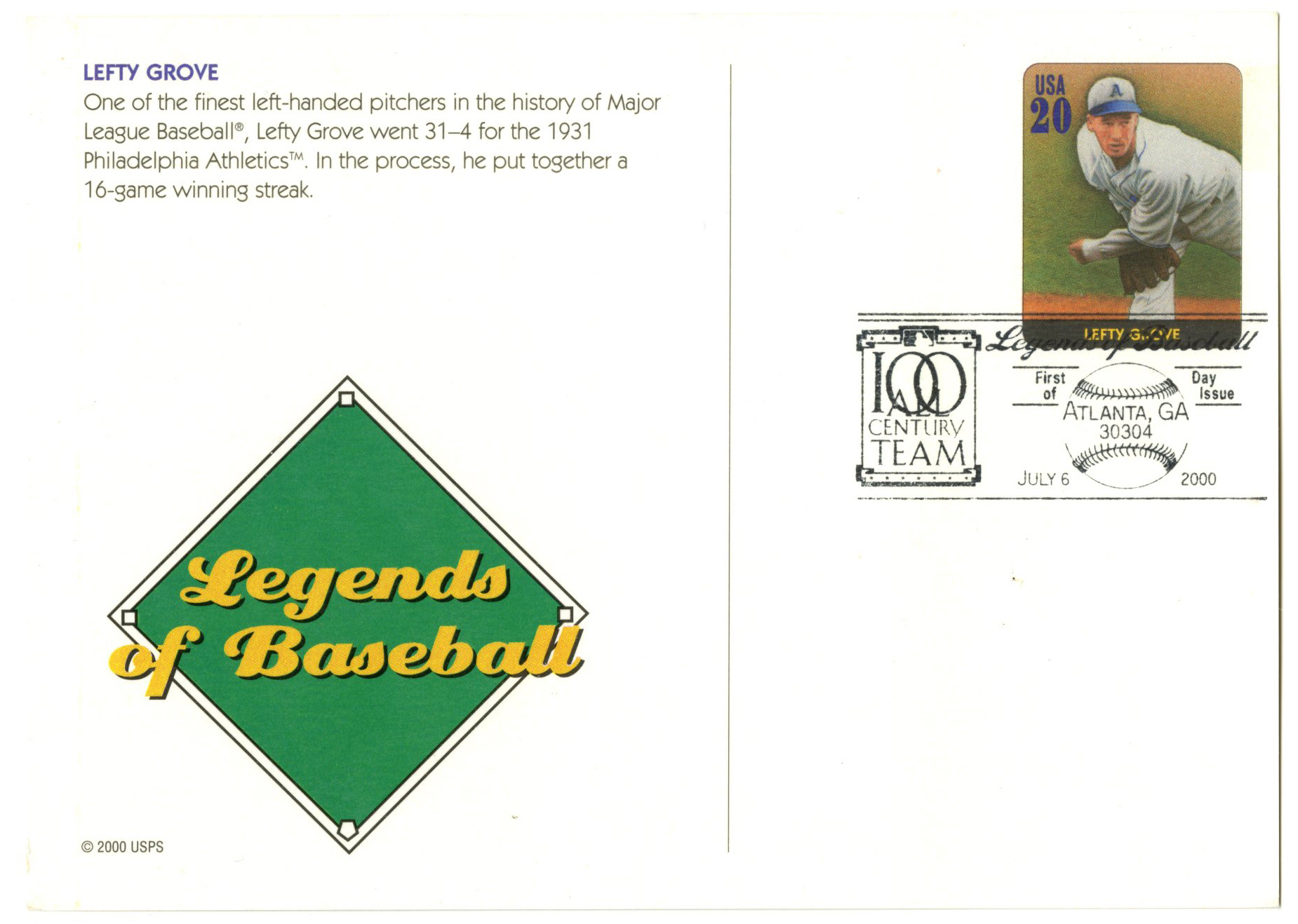 Lefty Grove PC and PSA Stamp Combo FDC