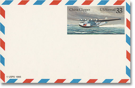 U.S. #UXC22 â€“ First Day Post Card honoring the 50th anniversary of the China Clipper.